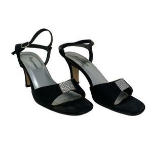 Black Satin 2” Stilettos With Rhinestone Accents And Ankle‎ Straps Size 6 1/2
